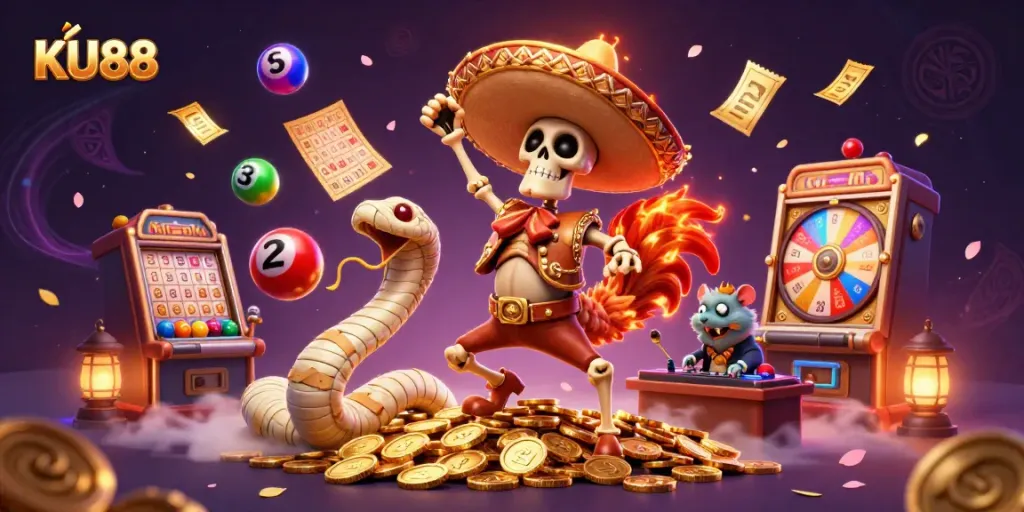 Experience the excitement of KU88 as the mariachi rooster dances on golden coins amidst vibrant casino elements.