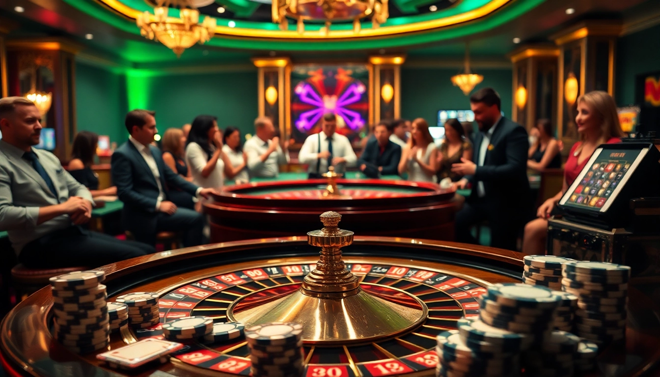 Join the excitement at ingat bola88 with players at a luxurious roulette table in a vibrant casino.