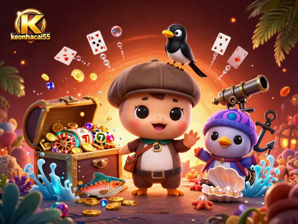 Engage in exciting gaming with keonhacai55's vibrant 3D illustration featuring fun casino characters and elements.