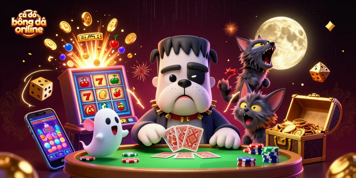 Experience cá độ bóng đá online with this vibrant casino scene featuring a 3D bulldog dealer and lively gaming elements.