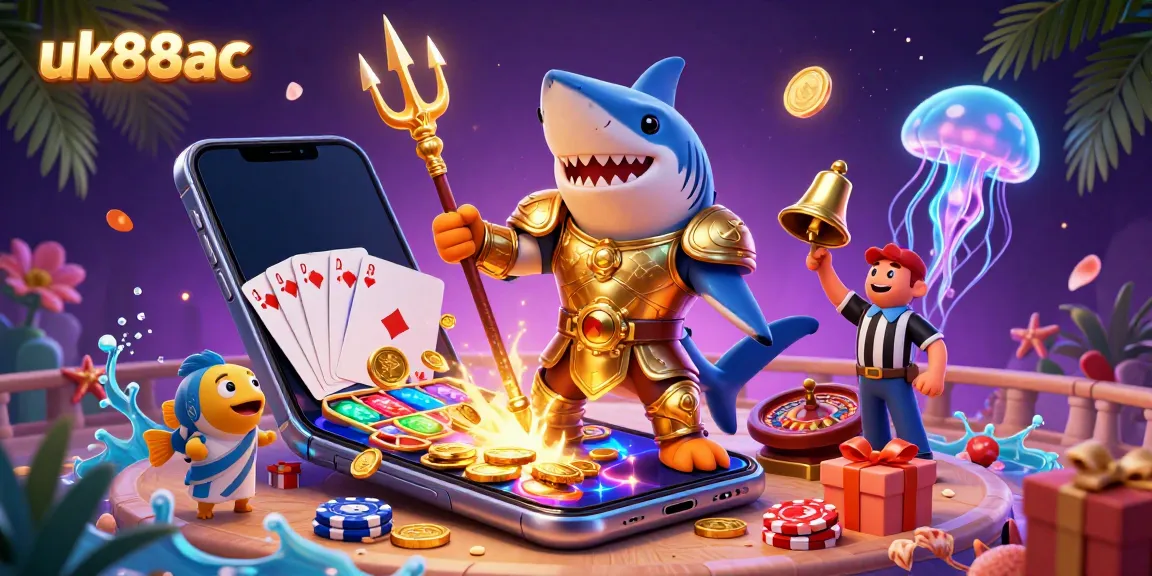 Engage in epic gaming adventures at uk88ac with an illustration of a battle-ready tiger shark in a vibrant casino setting.