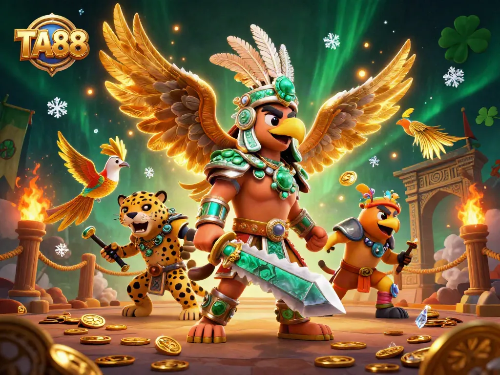 Join the TA88 adventure with epic warriors surrounded by gold coins in a thrilling casino scene.