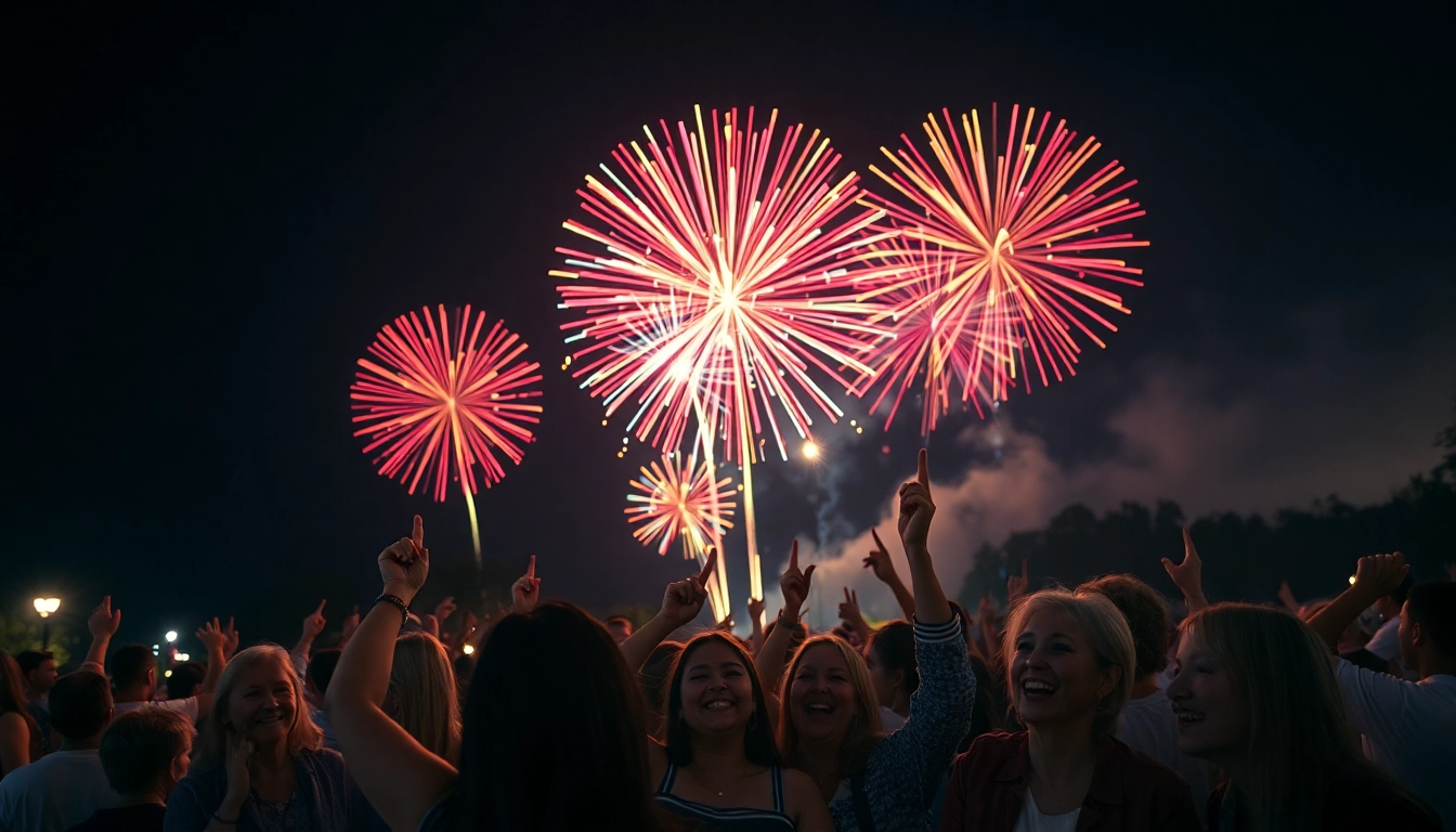 Witness the excitement of fireworks for sale lighting up the night sky above a joyful crowd celebrating.