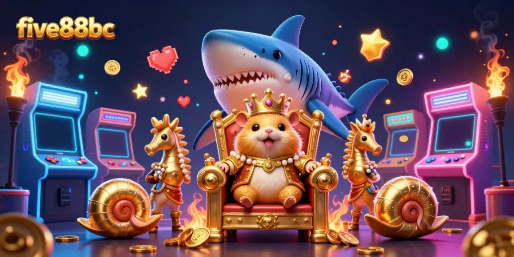 Experience thrilling gameplay at five88bc, featuring a majestic hamster king on a megalodon throne amidst vibrant arcade elements.