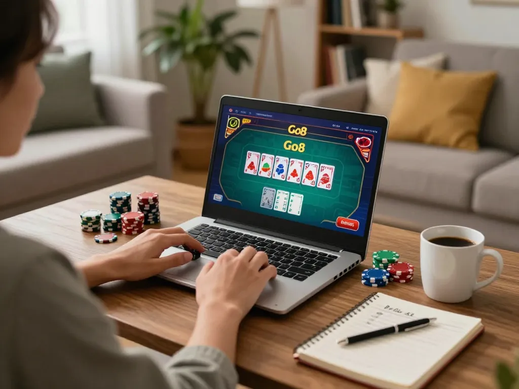 Engaged player strategizing while playing Go8 online poker at home, showcasing a cozy gaming environment.