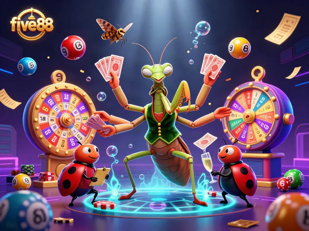 Experience the excitement with five88 as vibrant colored lottery balls bounce around a lively casino scene.