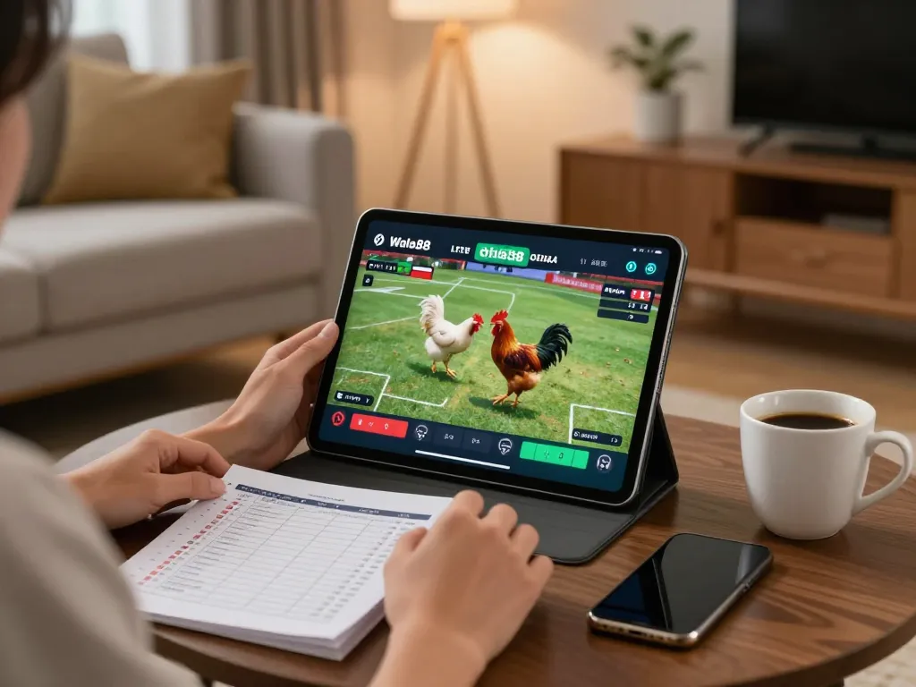 Wala88 chính thức online betting experience on a tablet with engaging chicken fight matches.