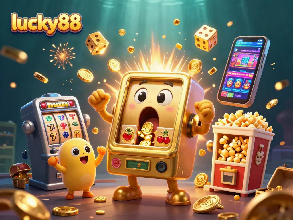 Experience thrilling wins with lucky88 as cartoon slot machines celebrate jackpots in a vibrant casino scene.