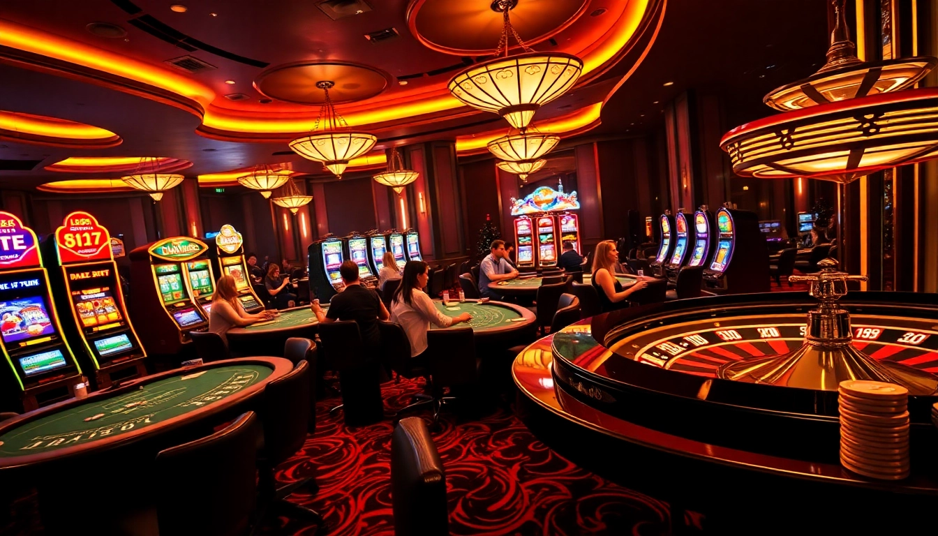 LC88 casino scene featuring luxurious gaming tables and vibrant slot machines, depicting gambling excitement.