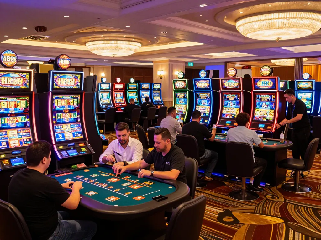 Players enjoying various games at Nhà cái HB88 casino, capturing dynamic moments in an upscale atmosphere.