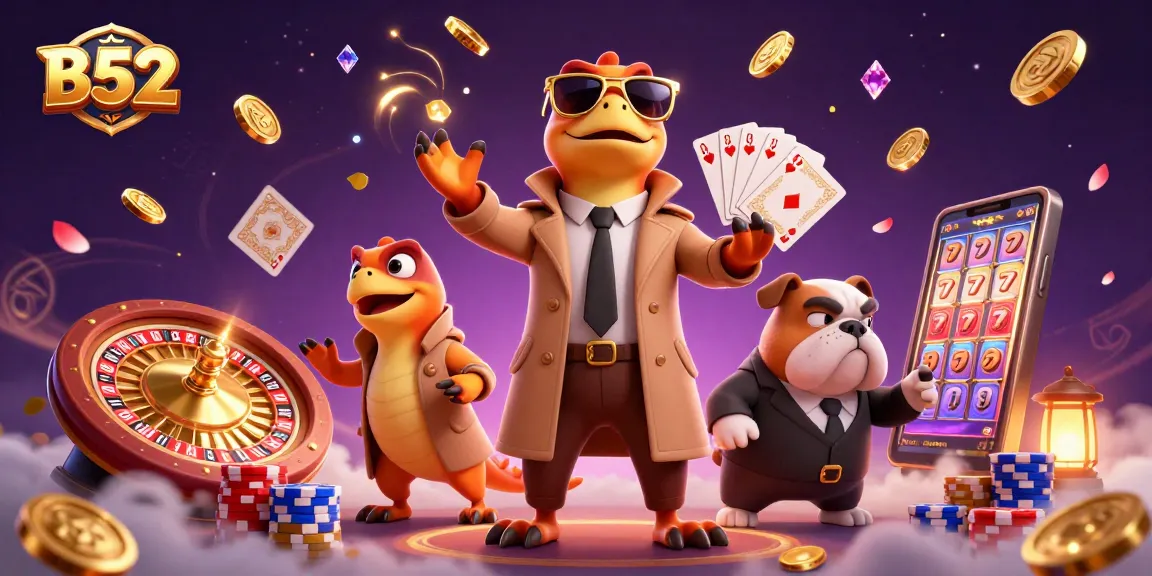 Experience winning big at B52 with raptors in tuxedos gambling in a vibrant casino setting