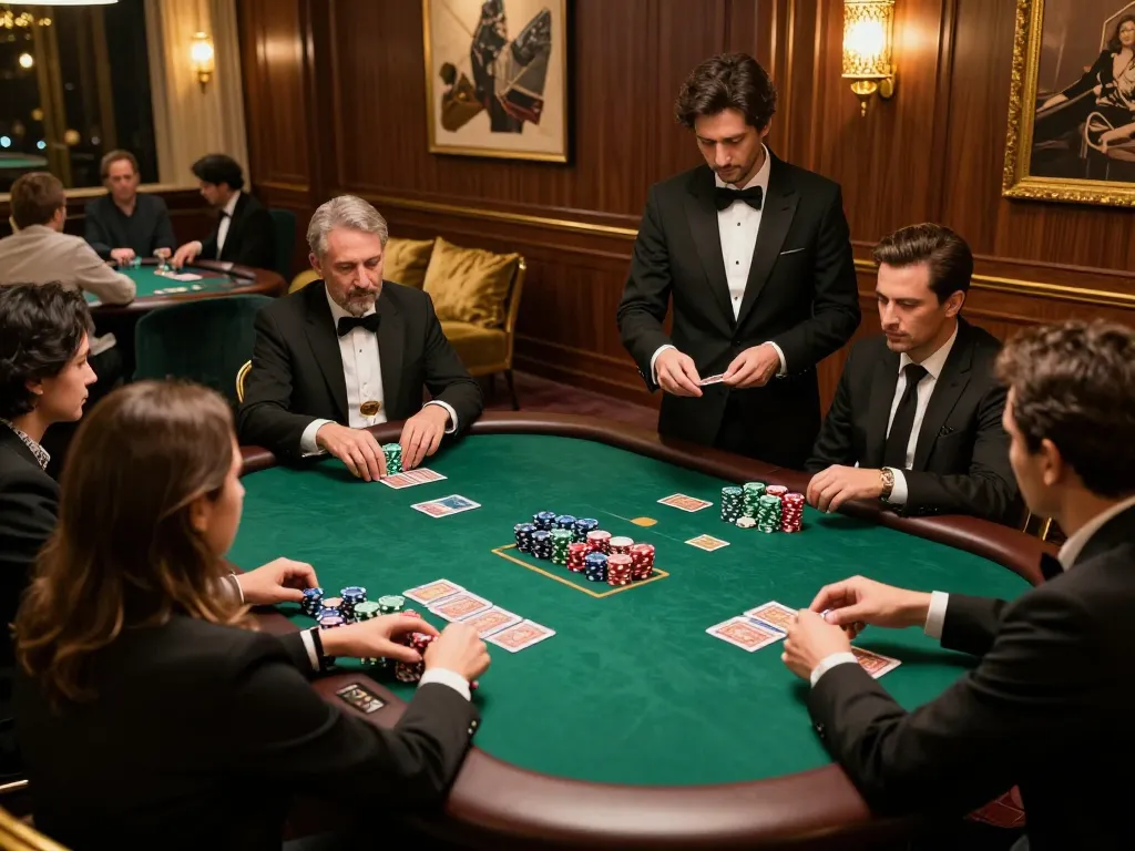 Engaged players strategizing at Fly88 high-stakes poker table in an elegant private room.
