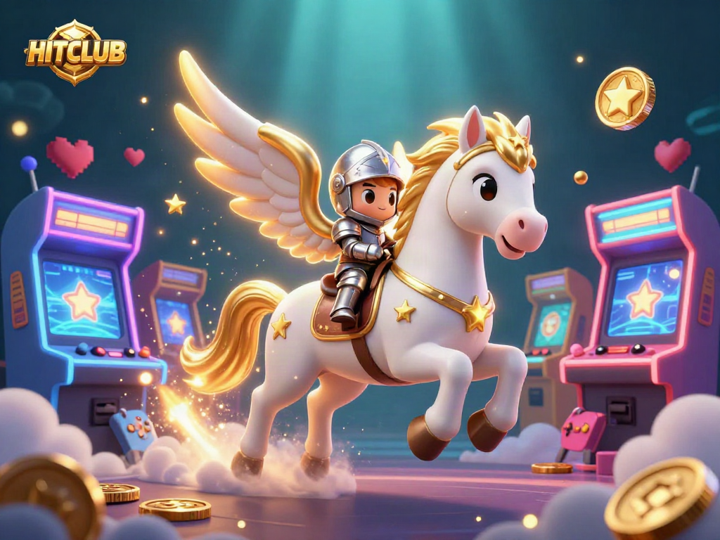 Experience HITCLUB's thrilling gaming adventure with a celestial knight and vibrant arcade elements.