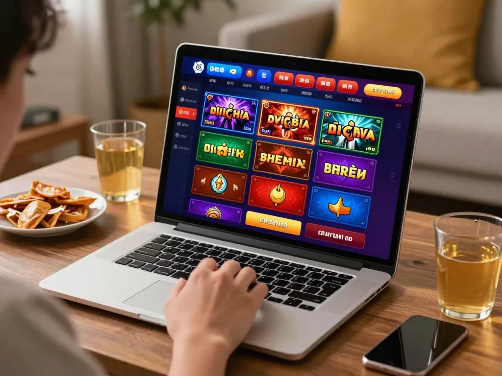 Engaged player navigating game bài đổi thưởng on a laptop, demonstrating online gambling strategy.