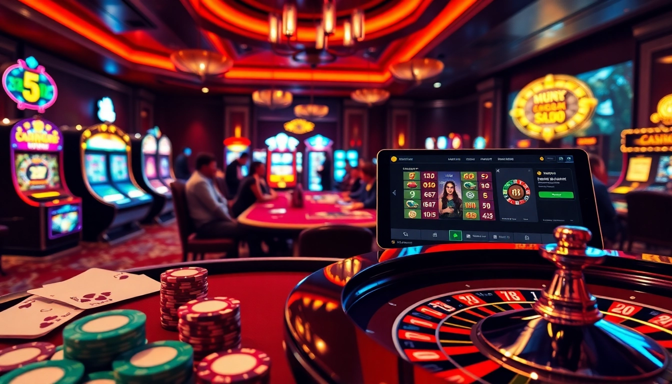 Engaging casino scene showcasing the vibrant atmosphere of gambling at http://228kbet.net/, featuring poker and slot machines.