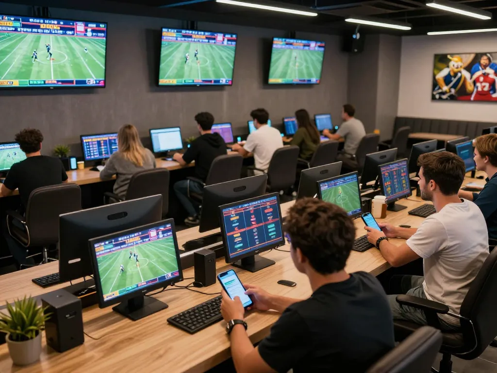 W88 players engaging in live sports betting at an upscale lounge with dynamic screens showing action