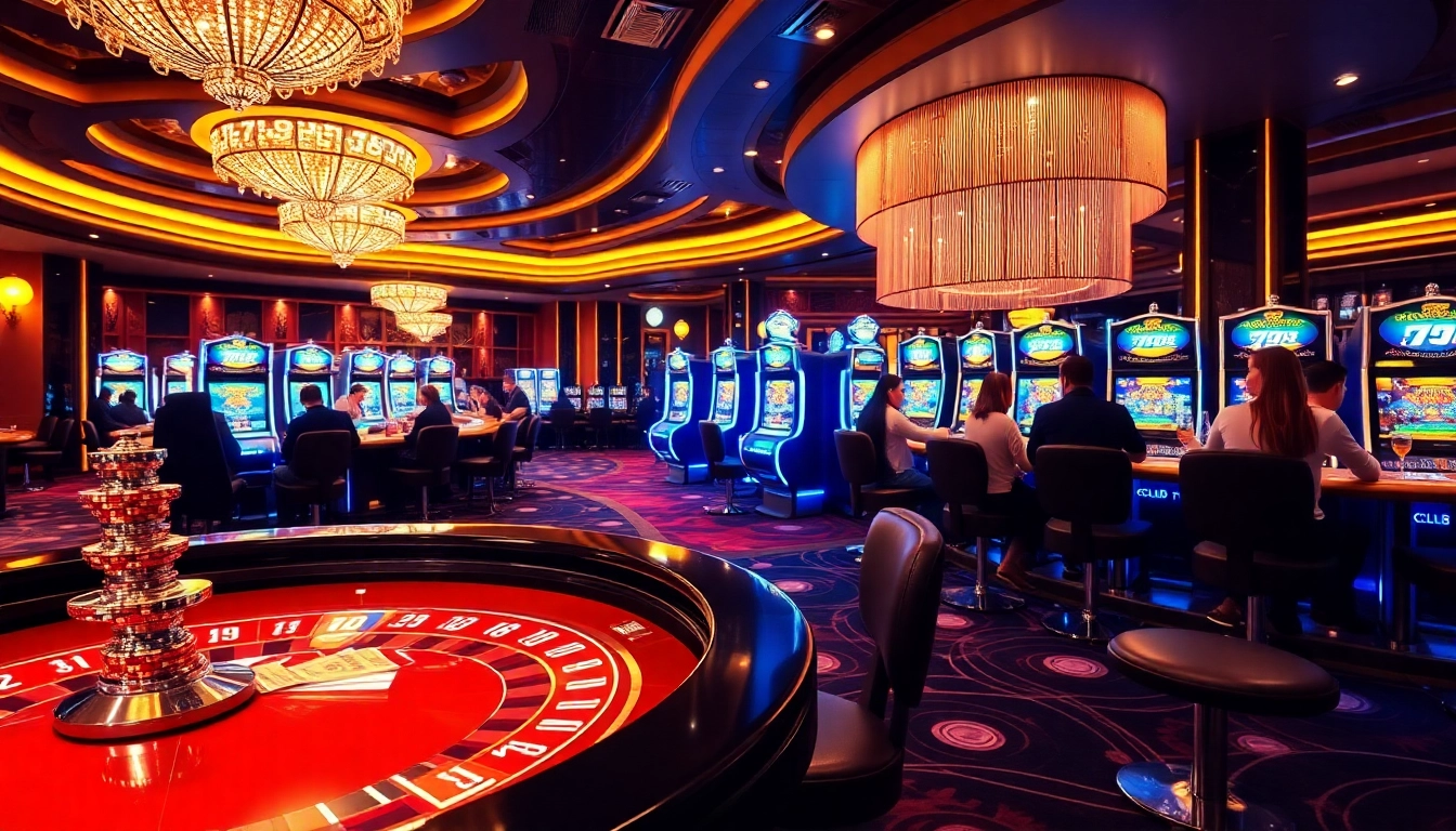 Exciting gameplay scene at 789CLUB casino featuring energetic players and vibrant slot machines.