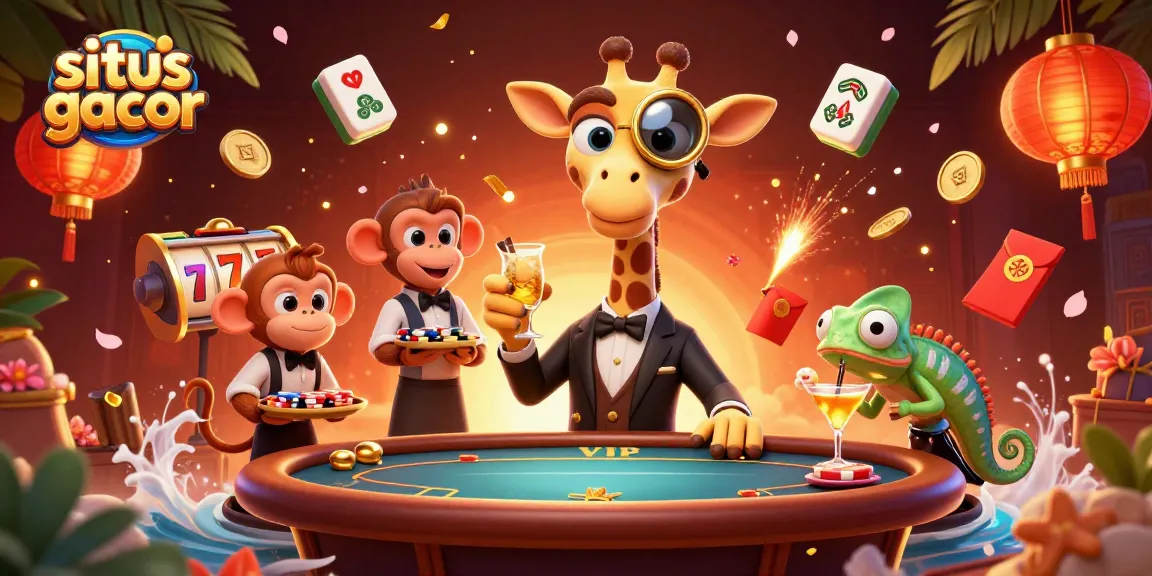 Situs gacor showcases a high-roller giraffe enjoying a VIP poker game with a cozy atmosphere.