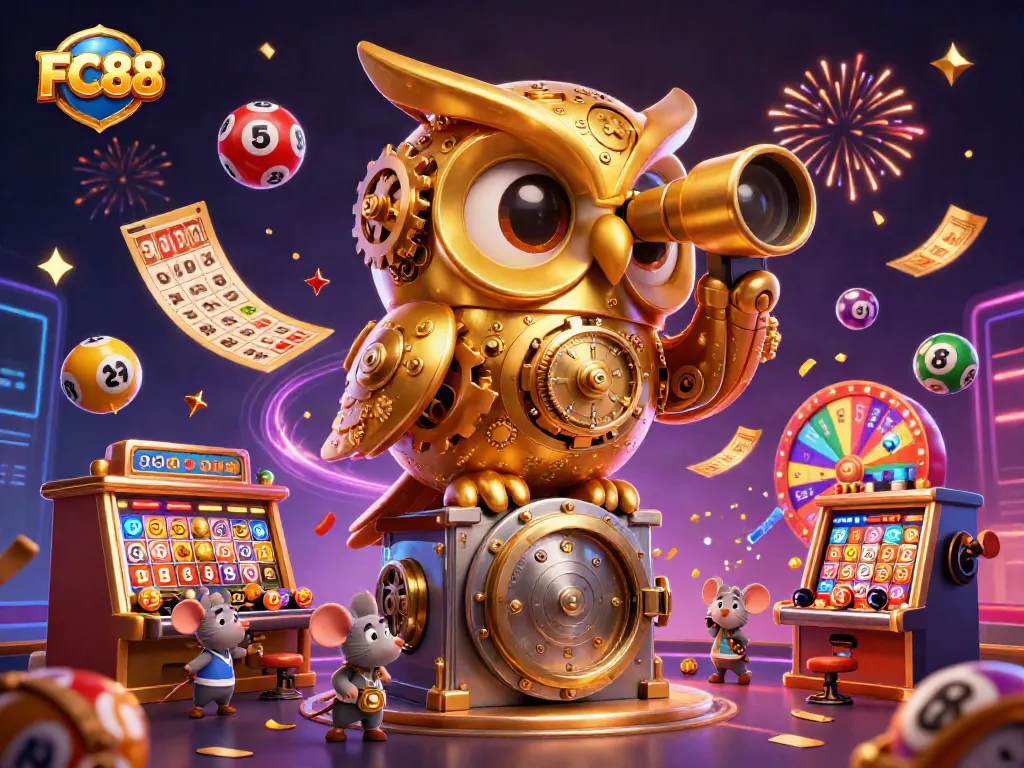 Engage in thrilling games at FC88, featuring a golden owl amidst vibrant casino elements.