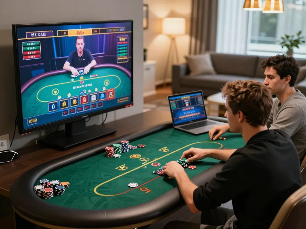 VT88 players enjoying live dealer games at a stylish online gambling setup with engaged expressions.