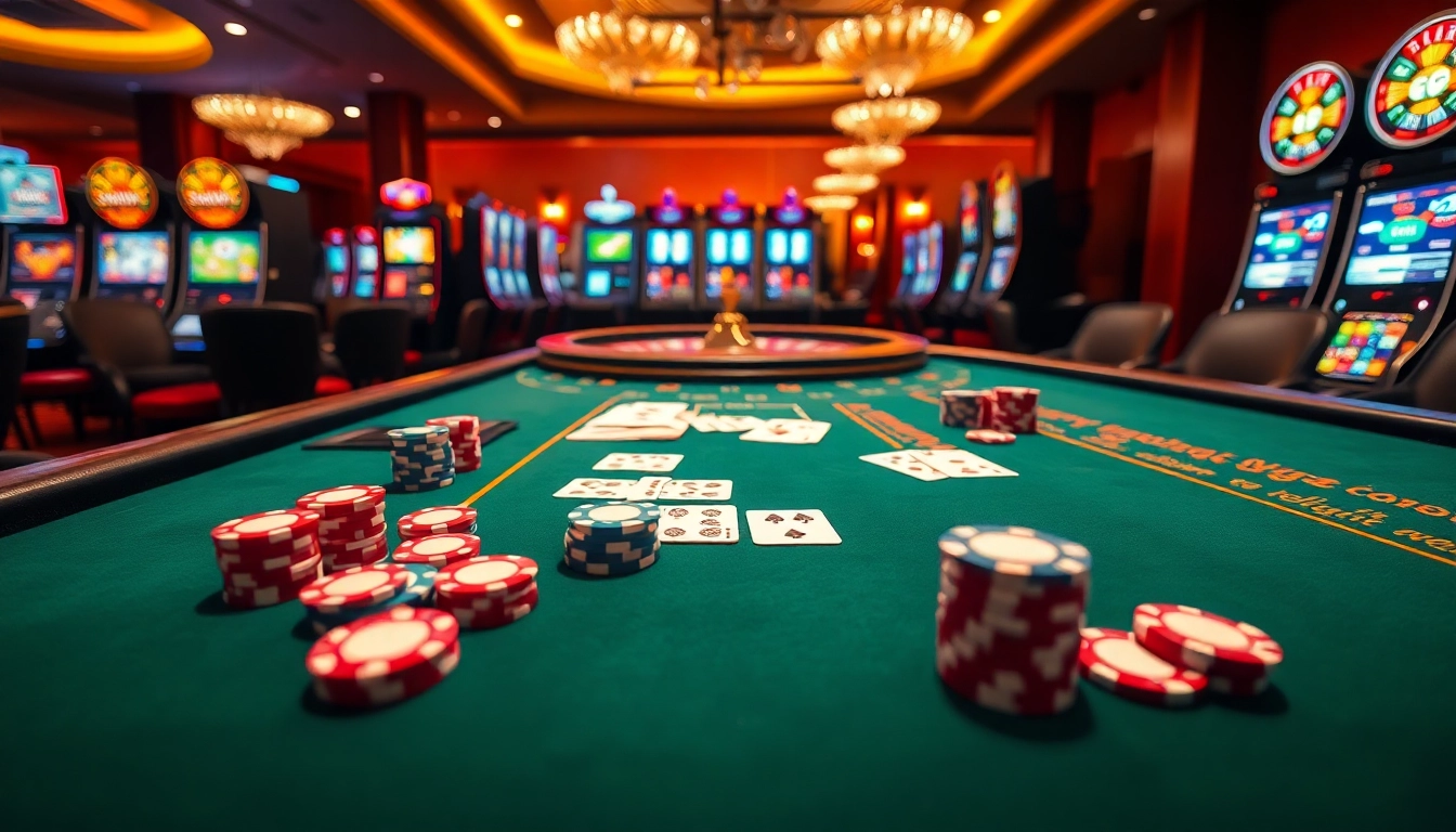 Experience thrilling gaming action at https://hi88.wedding/ with vibrant poker chips and an exciting roulette wheel.