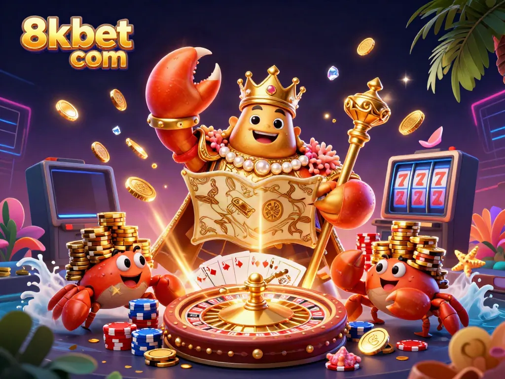 Experience the excitement with 8xbet com, featuring a golden crab emperor amidst dynamic casino elements.