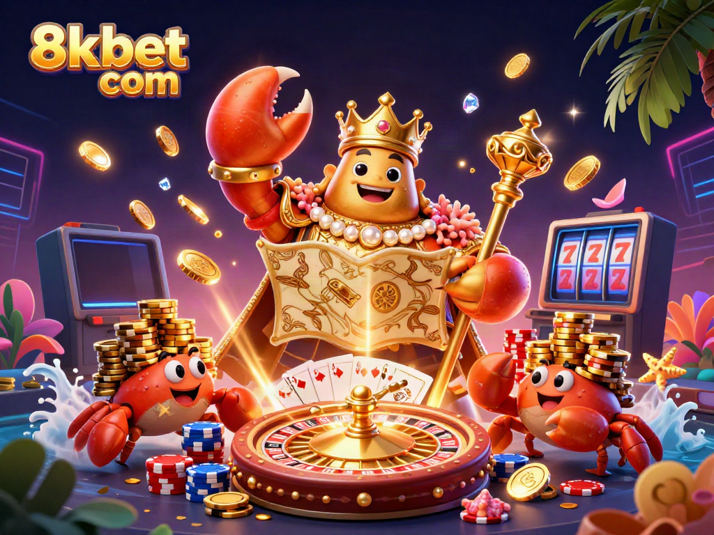Experience the excitement with 8xbet com, featuring a golden crab emperor amidst dynamic casino elements.