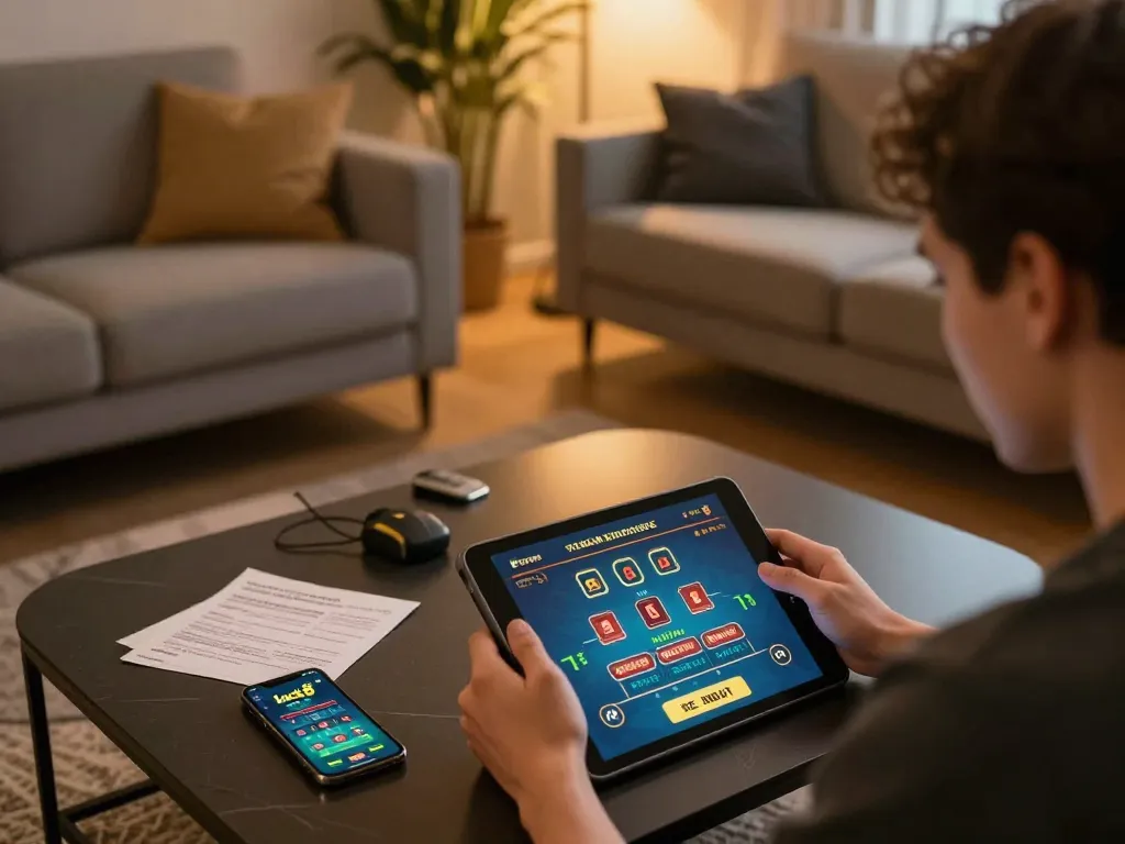 Engaged player enjoying luck8 live dealer games on tablet in cozy home setting.