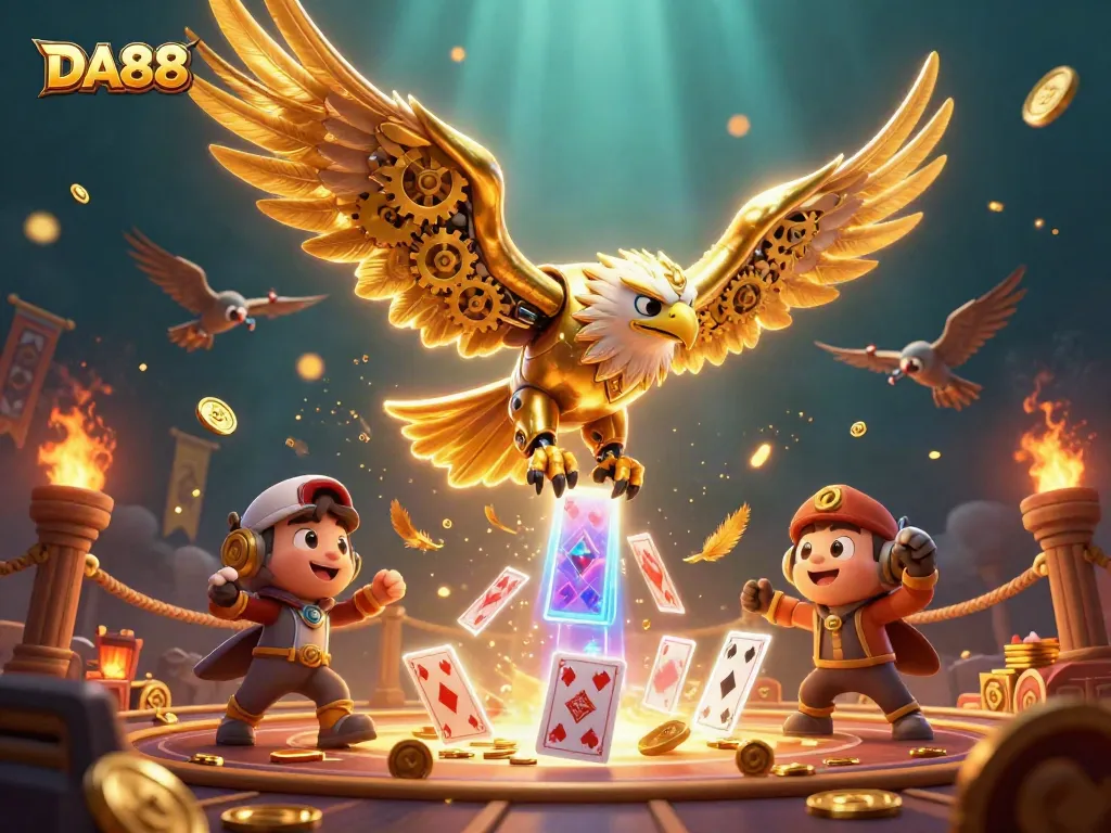 Engage in thrilling bets at DA88 with a dynamic scene of a mechanical golden eagle amidst action-packed gambling elements.