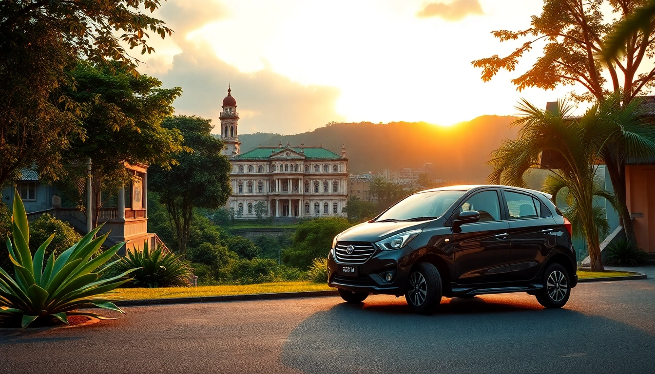 Kuching rent car parked in a scenic landscape with vibrant greenery and historical architecture, showcasing travel opportunities.