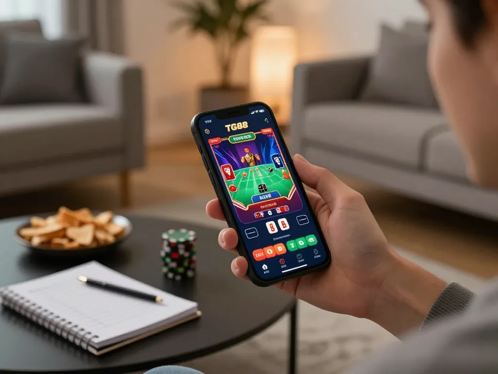 Gamers engaging in thrilling blackjack gameplay using tg88 đăng nhập on a smartphone at home.