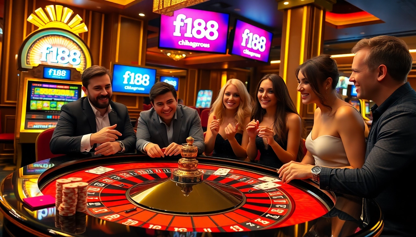 Experience thrilling gameplay at f168 with vibrant casino tables, poker chips, and excited players.