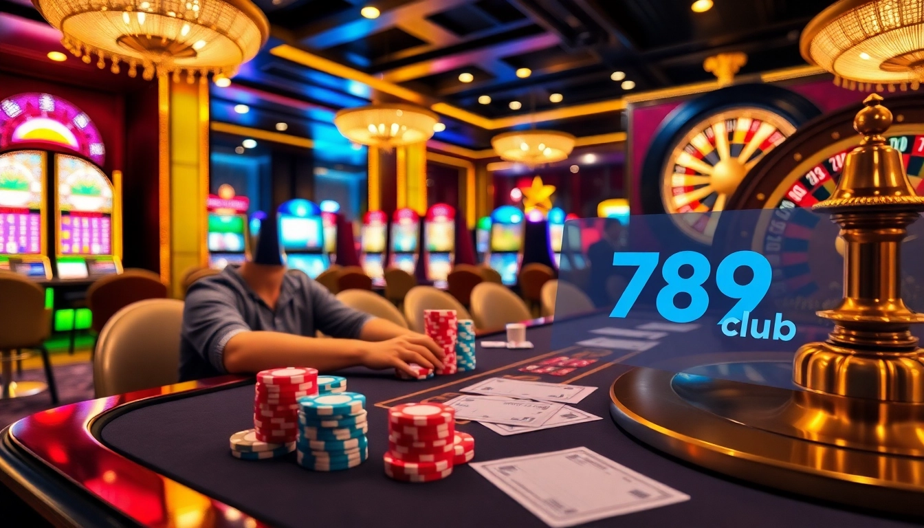 Engaged players at a vibrant casino table showcasing 789club with lively slot machines.
