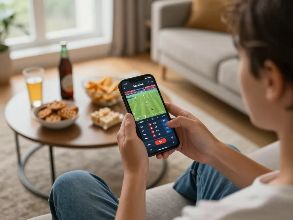 Enjoying live football streaming on Socolive via smartphone, surrounded by snacks in a cozy atmosphere.