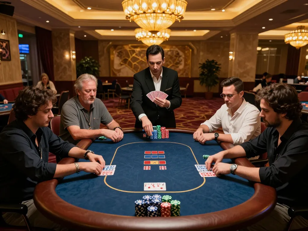 BONG88 poker players strategize their next move in an upscale casino setting
