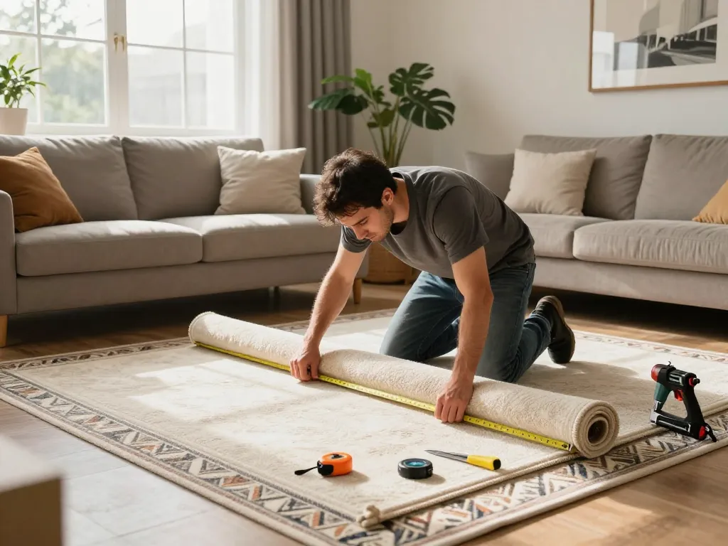 Professional carpet fitters near me installing luxurious carpet in modern home