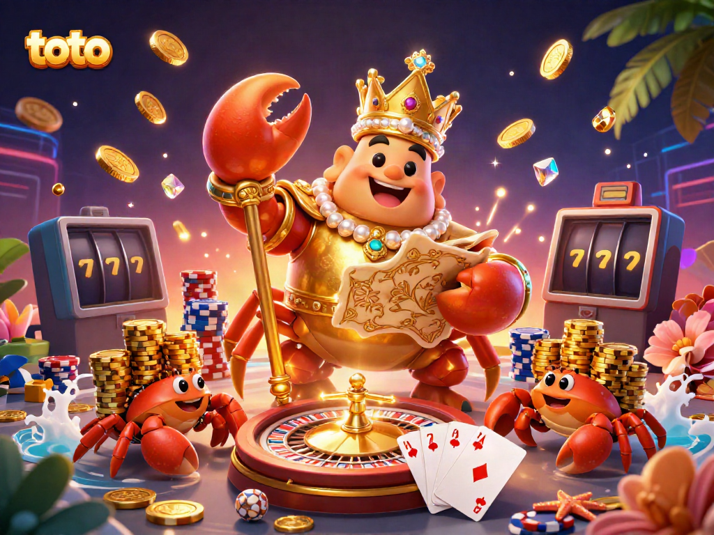 Experience the thrill of toto in this vibrant casino scene featuring a golden crab emperor and hermit crabs.
