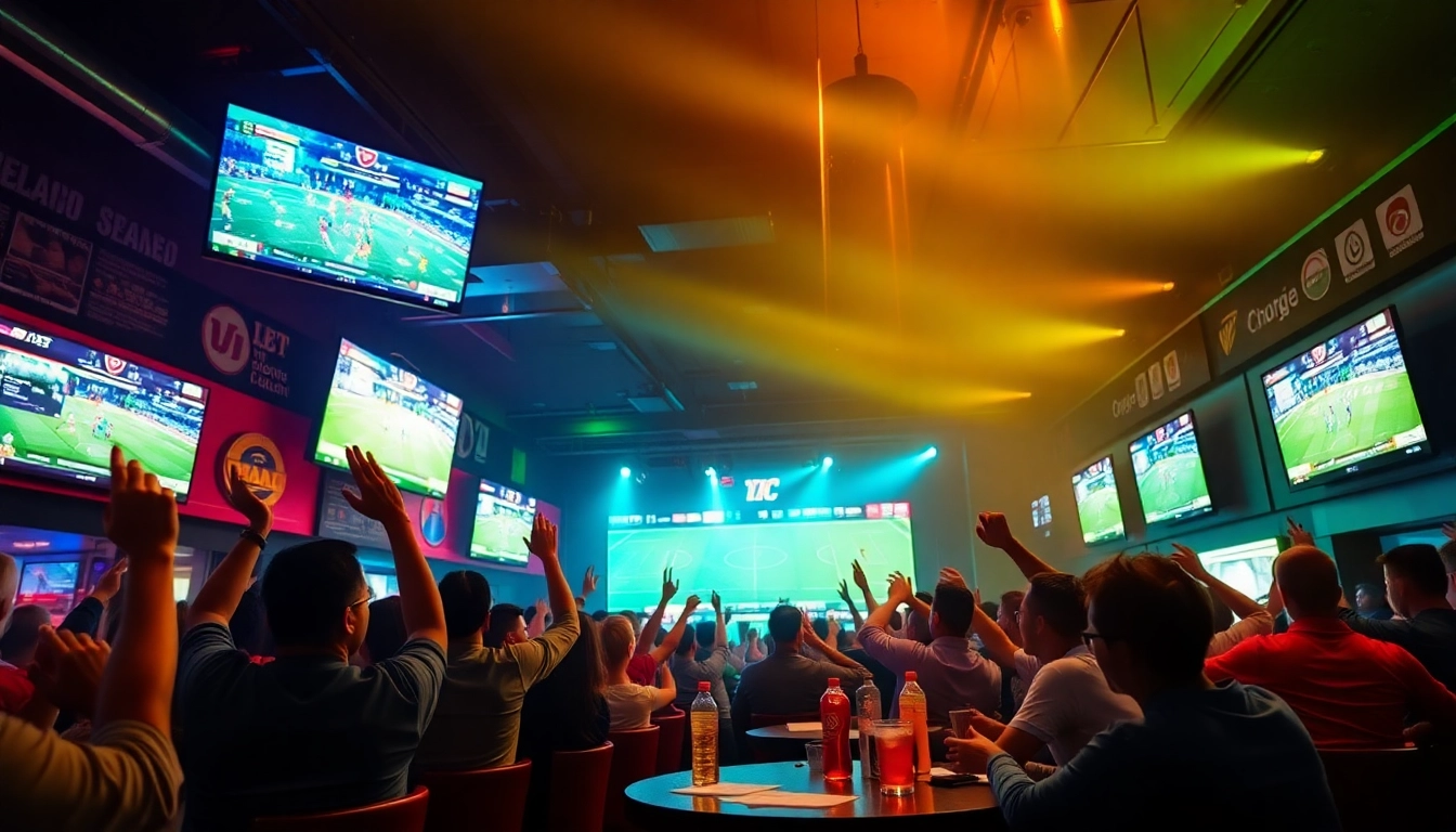 Exciting sports betting scene at Thabet with patrons cheering for their teams.