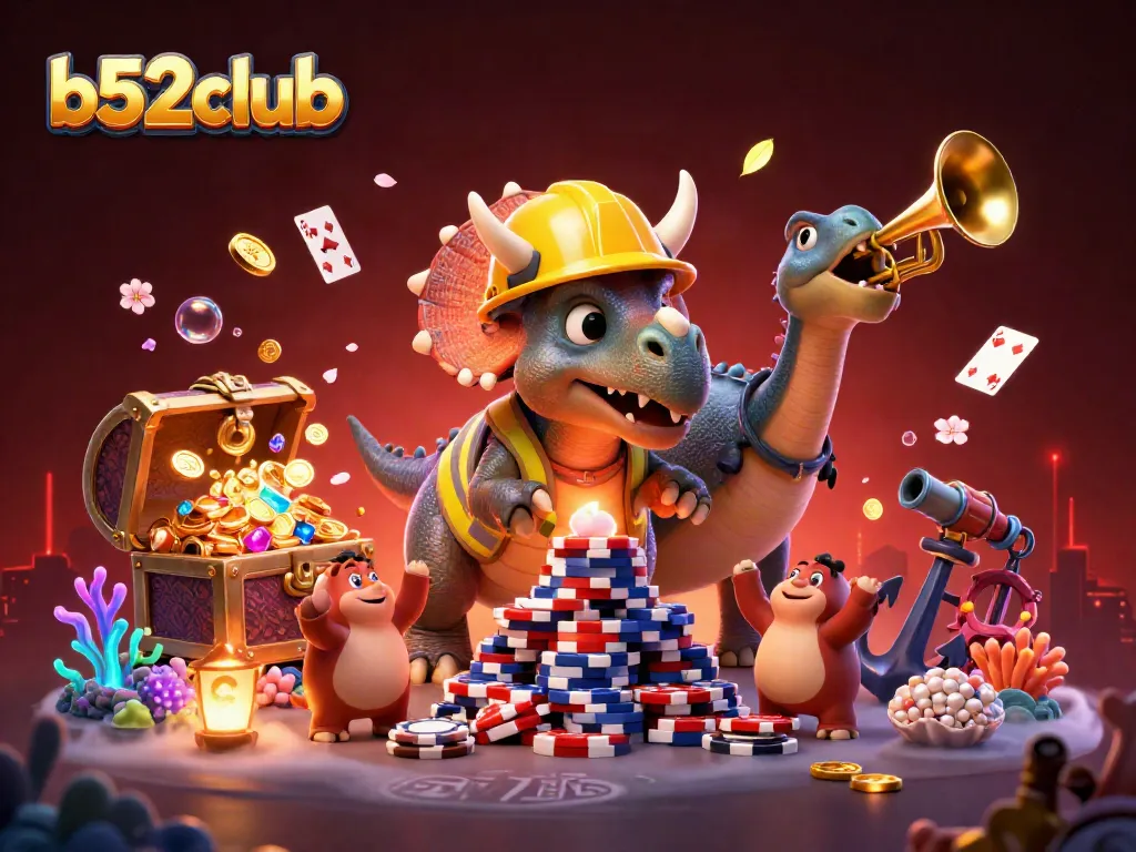 Experience the excitement at b52club with a 3D vibrant scene showcasing cartoon characters celebrating and playing great games.