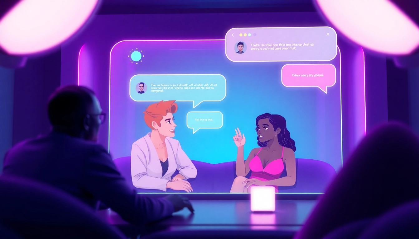Engaging AI sexchat interaction with vibrant digital avatars in a futuristic setting.
