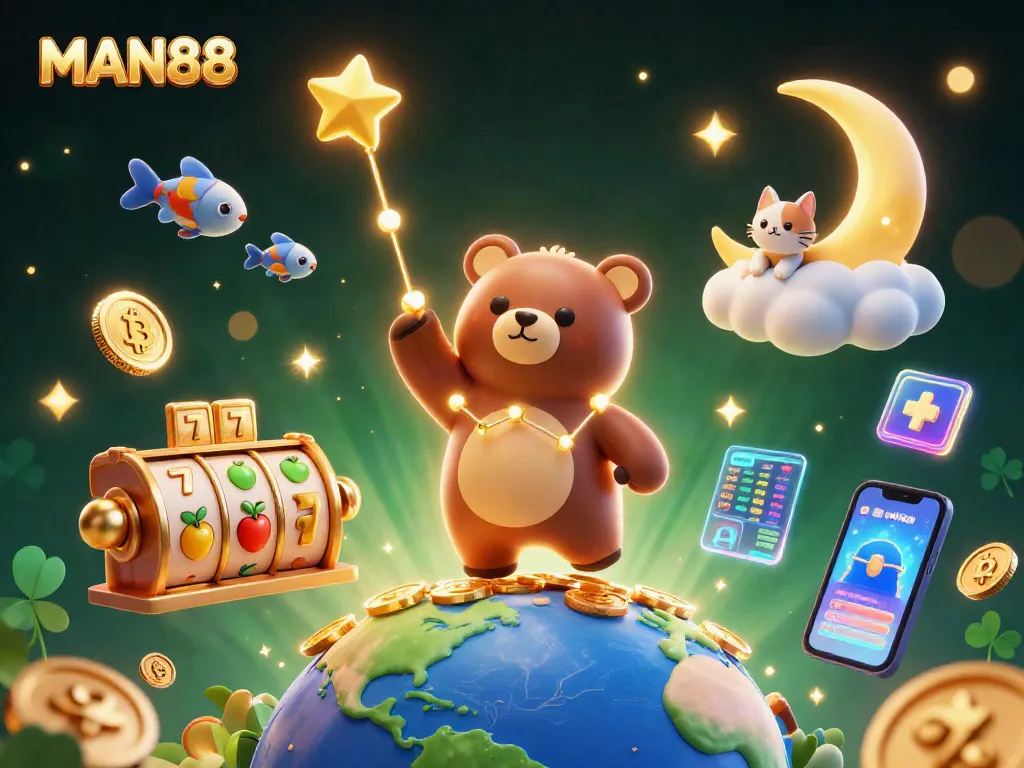 Join the thrilling adventure at MAN88 with a constellation bear scooping coins, showcasing vibrant casino elements.