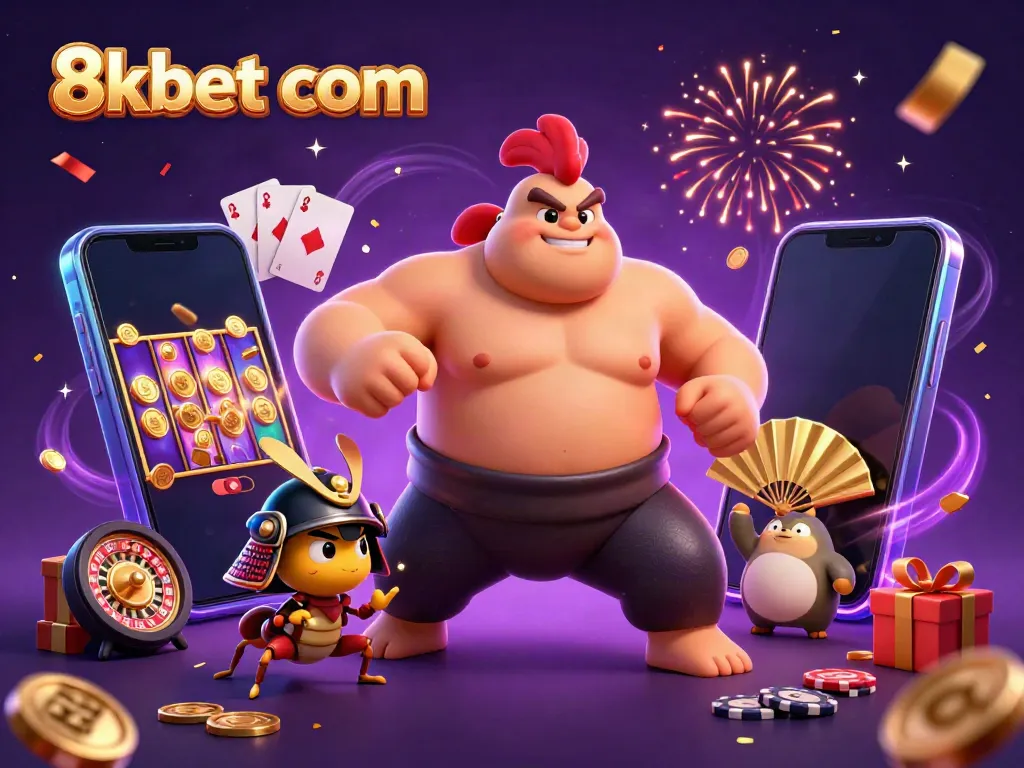 Experience excitement with 8xbet com - a sumo wrestler, samurai cricket, and tanuki announcer in a vibrant casino scene.