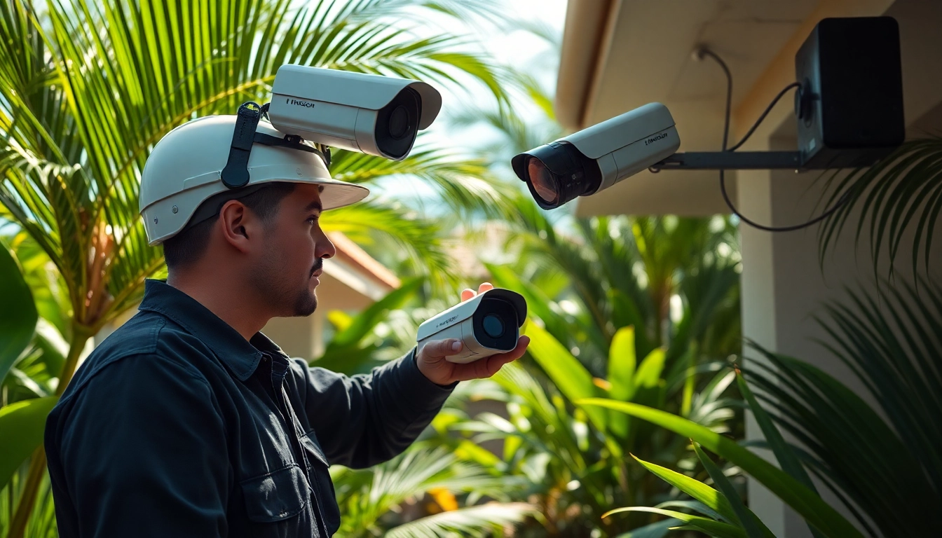 Instalación de soporte técnico en cámaras de seguridad por un técnico en un entorno tropical de Costa Rica.