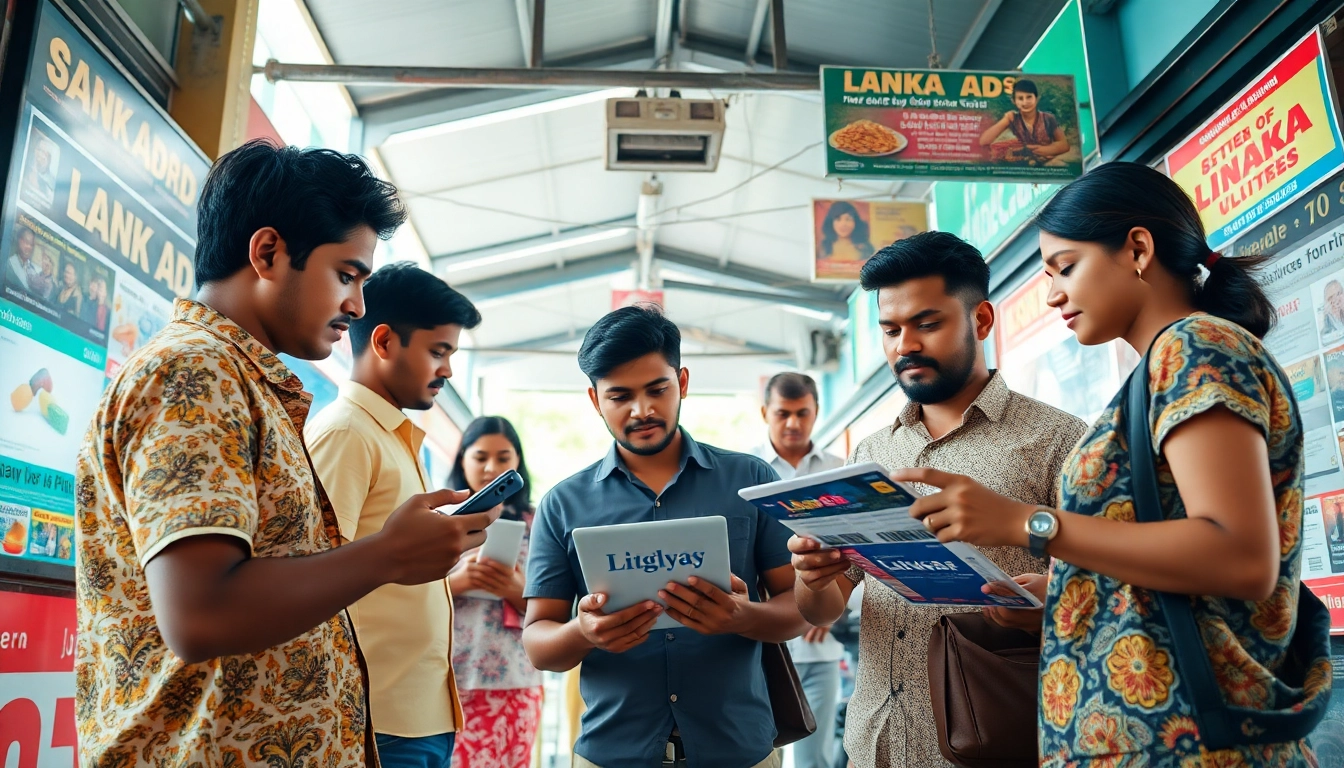 Lanka Ad classifieds scene with diverse people engaging in local advertising activities