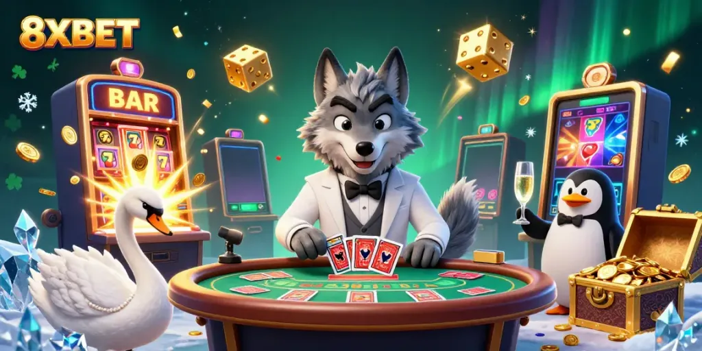Experience the thrill of 8XBET with our engaging baccarat scene featuring charming casino characters.