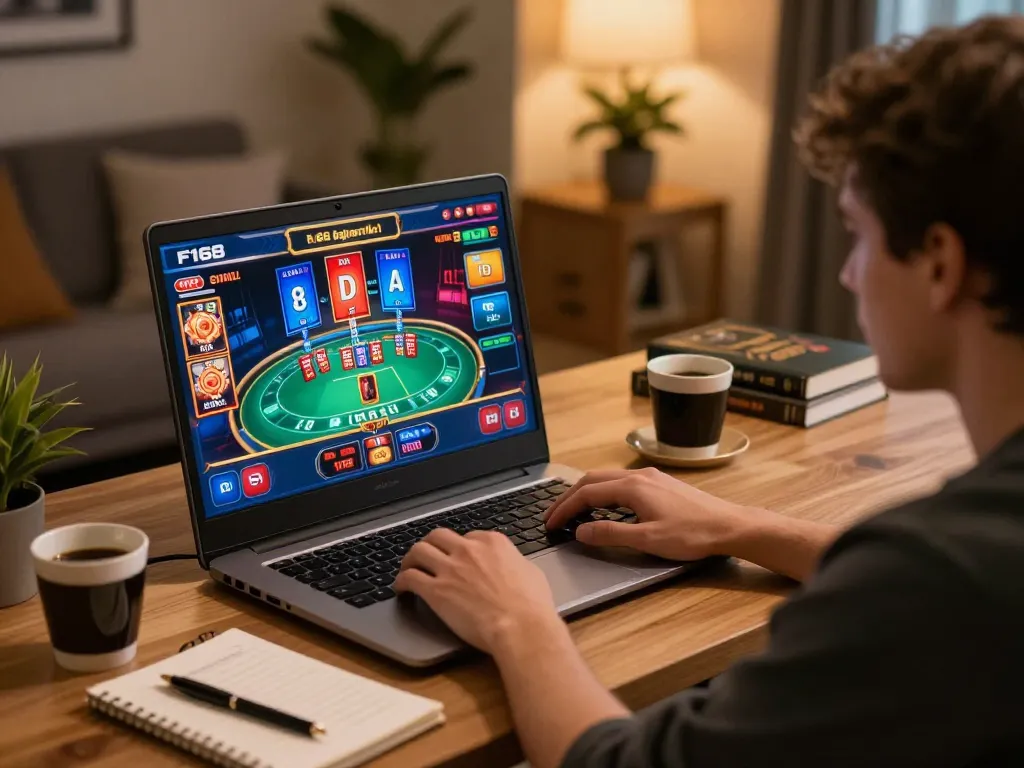 Player enjoying an engaging F168 online casino experience with laptop, showcasing vibrant gambling graphics.