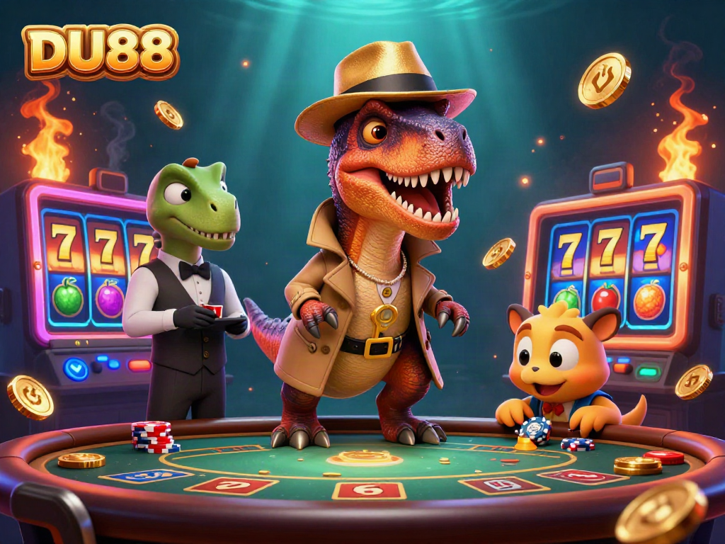 Experience thrilling action at DU88 with a velociraptor card counter at a blackjack table amidst dynamic casino elements.