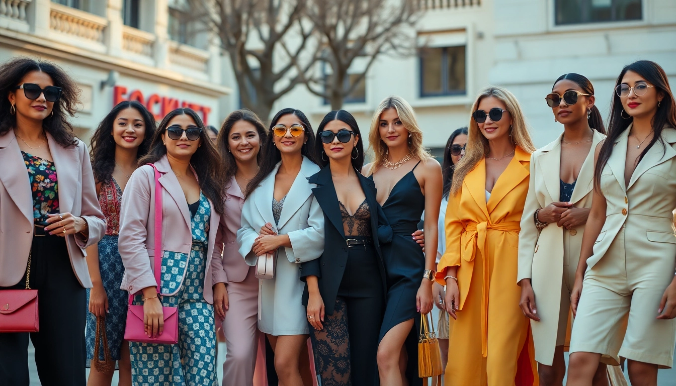 Women Fashion showcasing diverse styles in a vibrant street-style scene.