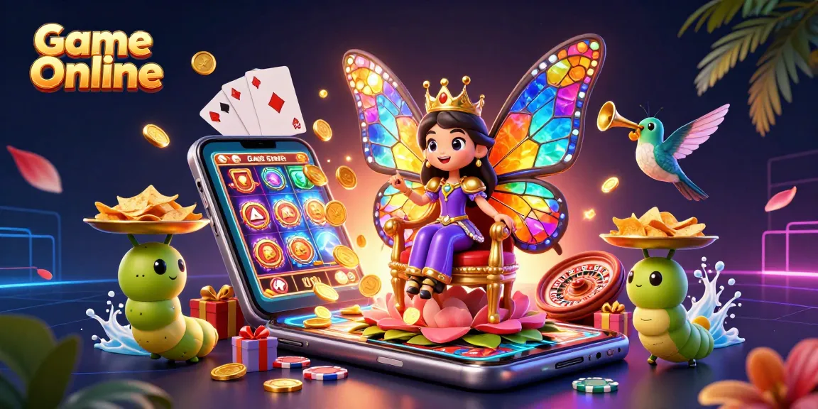 Experience thrilling action in Game Online with a golden butterfly queen and lively slot games.