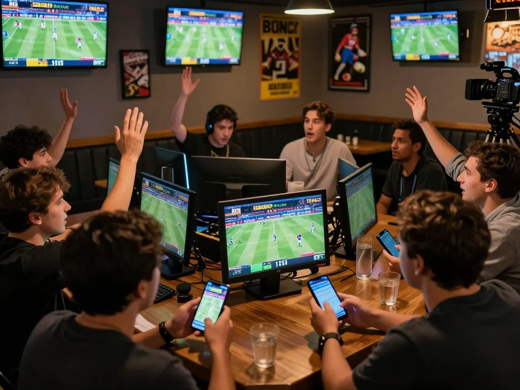 SBOBET Đăng Nhập with bettors engaging in lively sports betting atmosphere at a bar, multiple screens live streaming events.